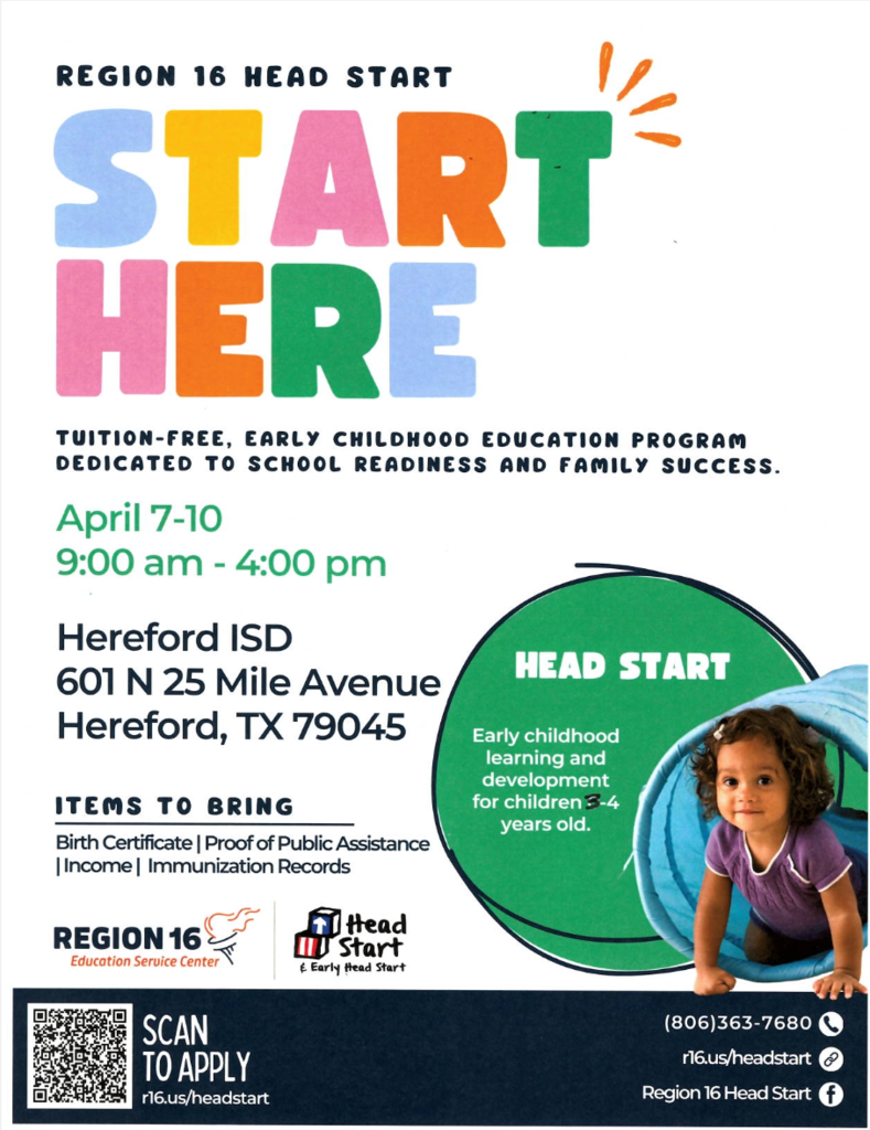 Poster for Region 16 Head Start, featuring a child crawling through a tunnel. Details include dates, location, and items to bring.