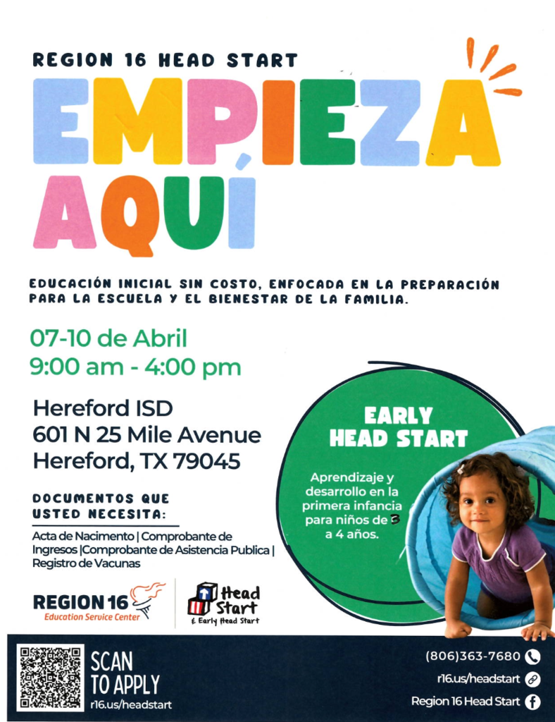 An advertisement for Region 16 Head Start shows a child playing in a tunnel. It is written in both English and Spanish.