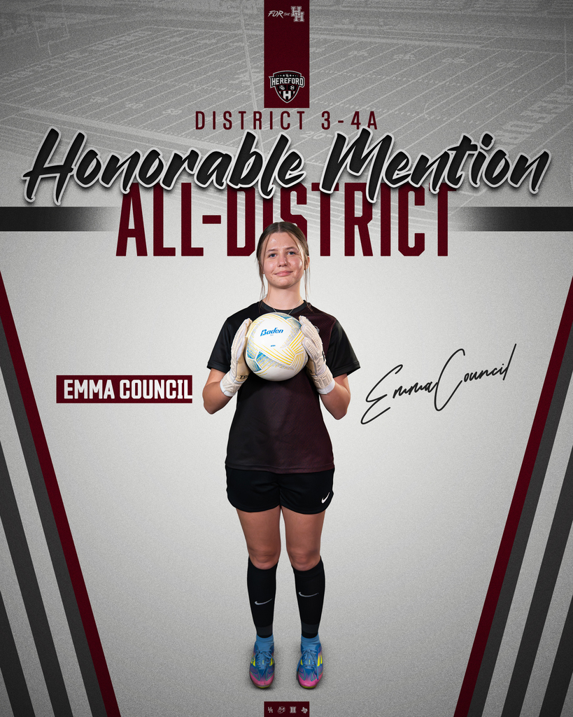 A female soccer player holds a ball, wearing a black jersey, shorts, and gloves. Behind, a gray background displays "Honorable Mention All-District" and a signature.