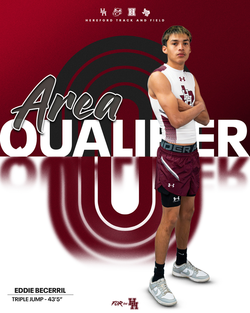 An athlete stands with arms crossed, wearing maroon shorts and a white Under Armour vest. Text reads "Area Qualifier" above.