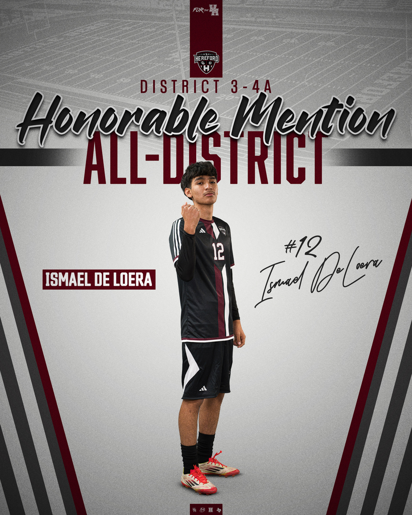 A young man in a black and white uniform stands in front of a gray background. Text reads "Honorable Mention All-District."