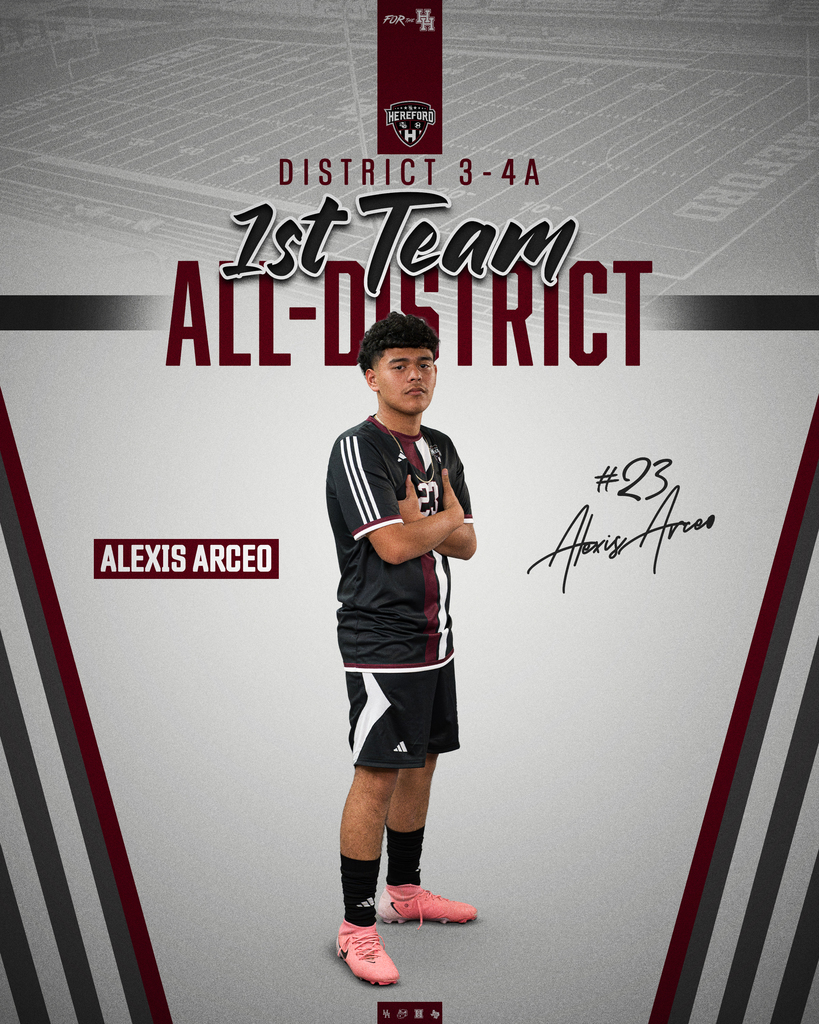A young person stands with crossed arms on a sports field. The text reads, "District 3-4A 1st Team All-District."