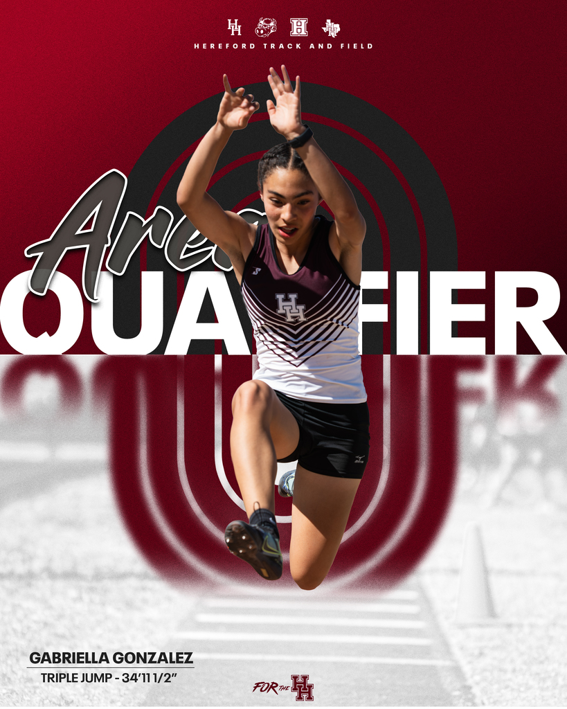 Person performing a triple jump on a track with "AREA QUADFIER" text above, red background, and white letters.