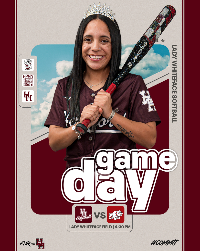 Woman in maroon jersey holds baseball bat, smiling, with tiara. Background: red, white, and blue with text "game day" and team logos.