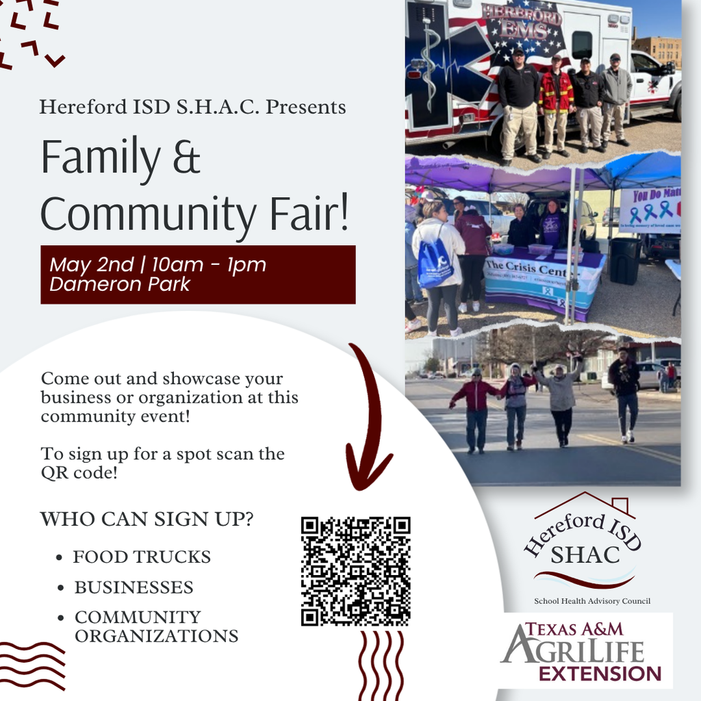 Advertisement for a Family & Community Fair with images of an ambulance, people, and booths.