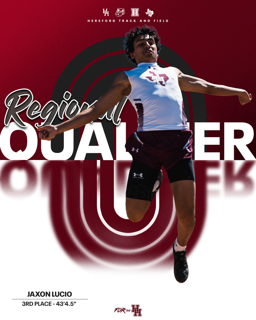 An athlete mid-jump, wearing white jersey, maroon shorts, and black shoes. "Regional Qualifier" in bold letters. Name "JAXON LUCIO" and "3RD PLACE 43'4.5'" at the bottom.