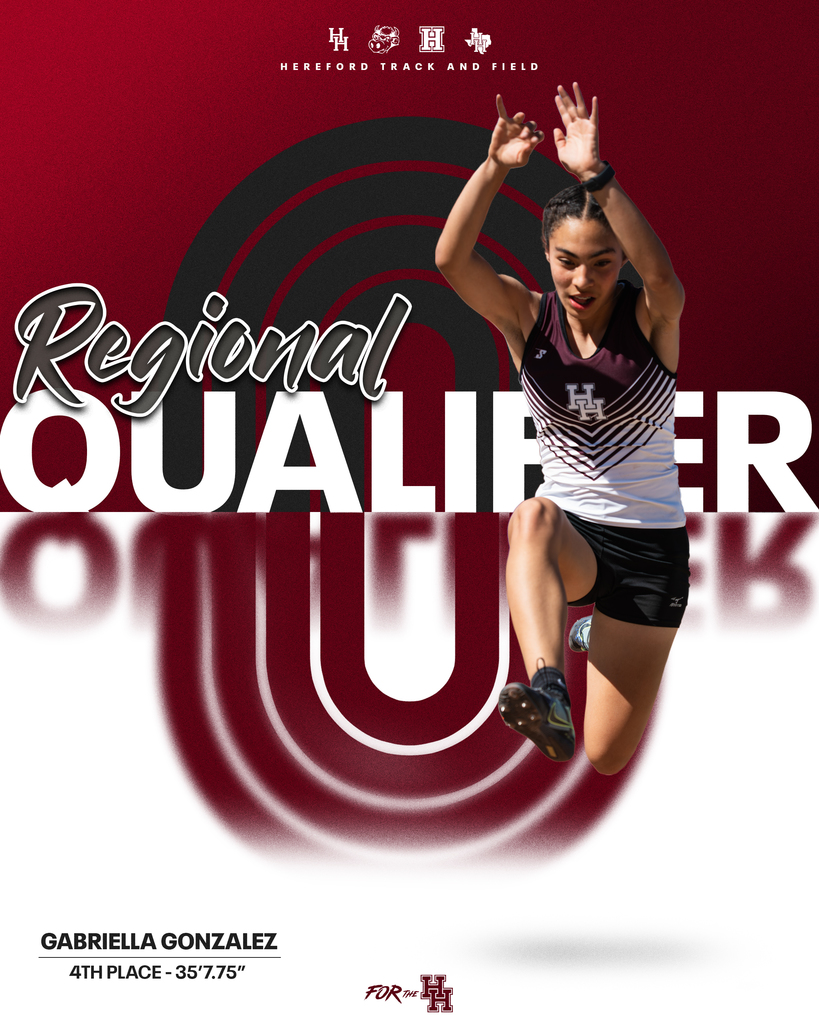 A female athlete jumps mid-air in a track event. The words "Regional Qualifier" and "Gabriella Gonzalez" appear on a red and white background.