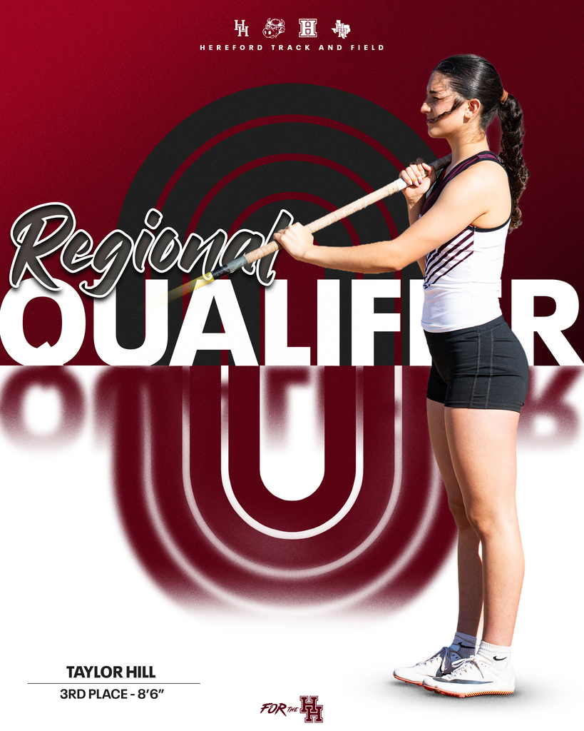 A poster displays a woman holding a pole vault stick, ready to jump. Text reads "Regional Qualifier" and "Taylor Hill, 3rd Place - 8'6".