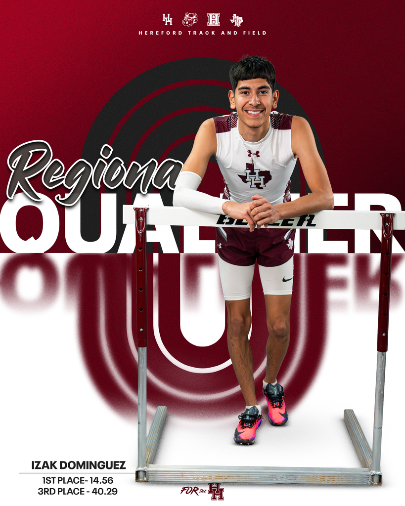 A male athlete, Izak Dominguez, stands in a hurdle. He is wearing a white and maroon sports outfit.