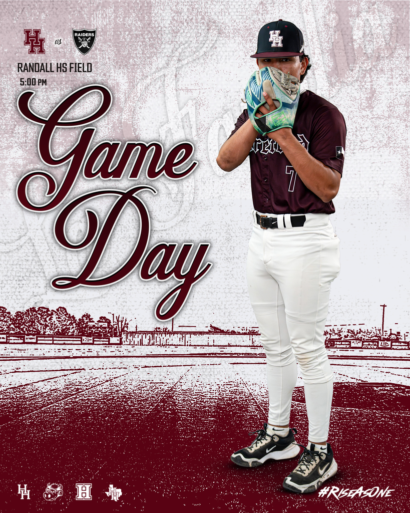 A baseball player stands on a red field with the words "Game Day" in large text. The player wears a maroon jersey, white pants, and a black cap.