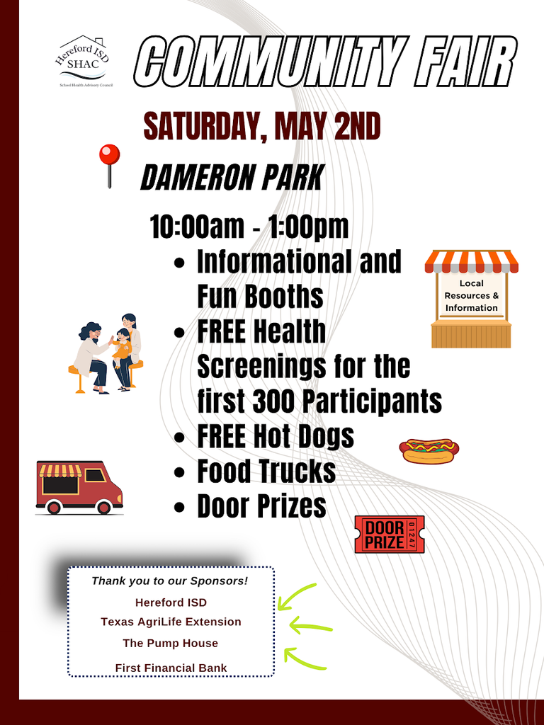 A poster advertising a Community Fair with details on date, time, location, and activities. Illustrations include informational booths, health screenings, and food trucks.
