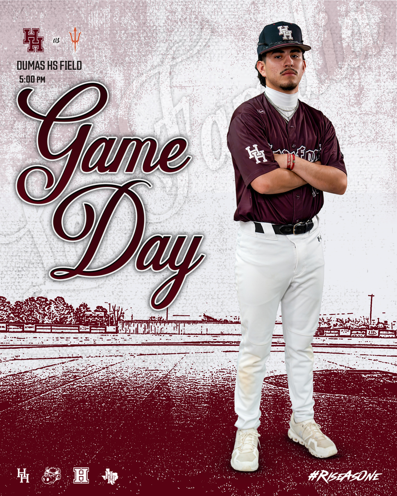An athlete stands with crossed arms, wearing a baseball uniform on a field with "Game Day" and "DUMAS HS FIELD" in the background.