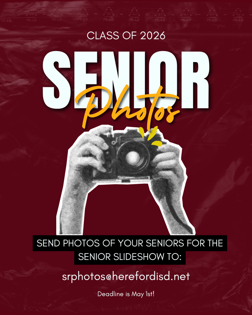 Poster featuring hands holding a camera with the text "Class of 2026 Senior Photos" and a prompt to send photos for a slideshow.