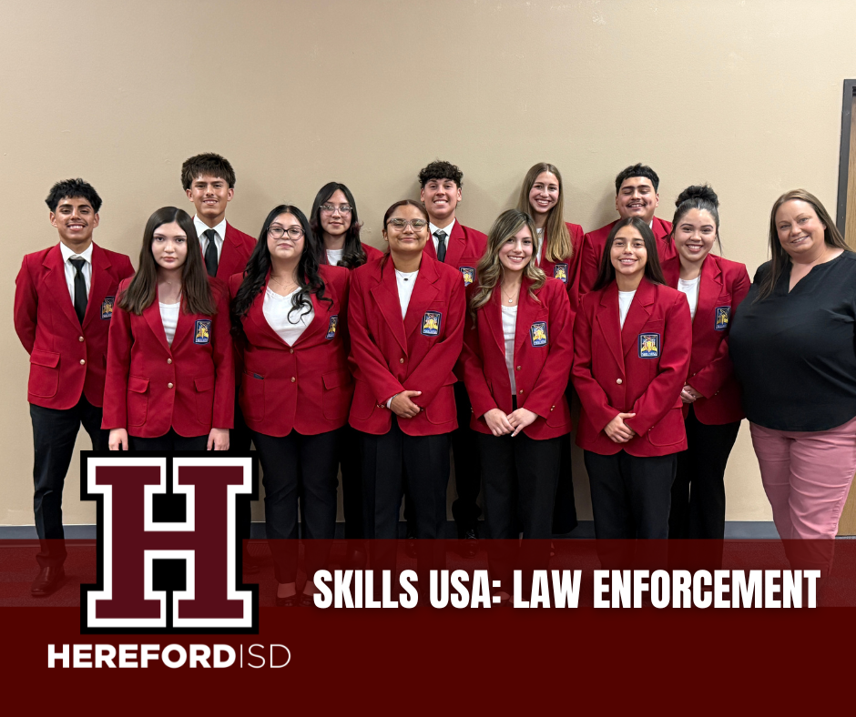 Group of students in red blazers, standing in front of a beige wall, with text "Skills USA: Law Enforcement" and "H" logo.