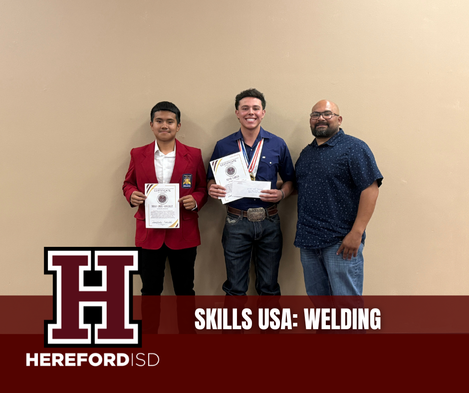 Three men stand with medals; one holds certificates. They stand against a beige wall with "Skills USA: Welding" text.