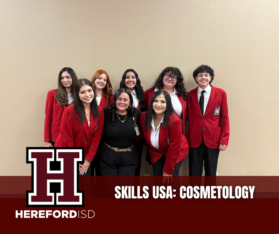 Eleven individuals wearing red jackets pose for a photo in front of a white wall. Text reads "Skills USA: Cosmetology" and "HEREFORD ISD" is below.