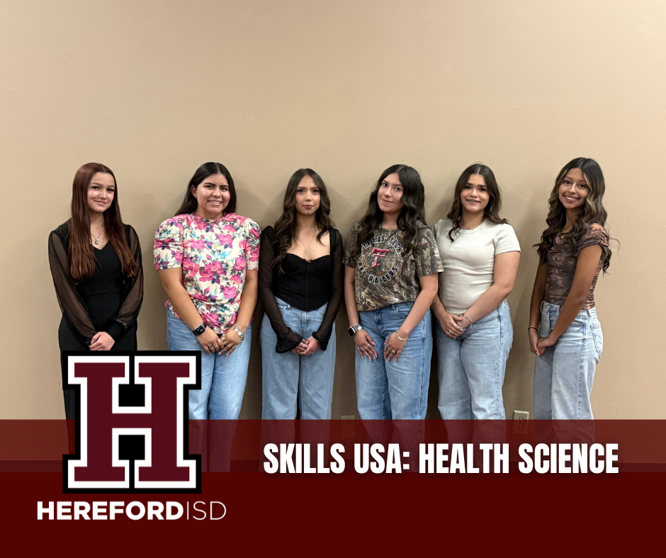 Six women in jeans, some in tops, stand against a beige wall. They are part of the Skills USA Health Science group.