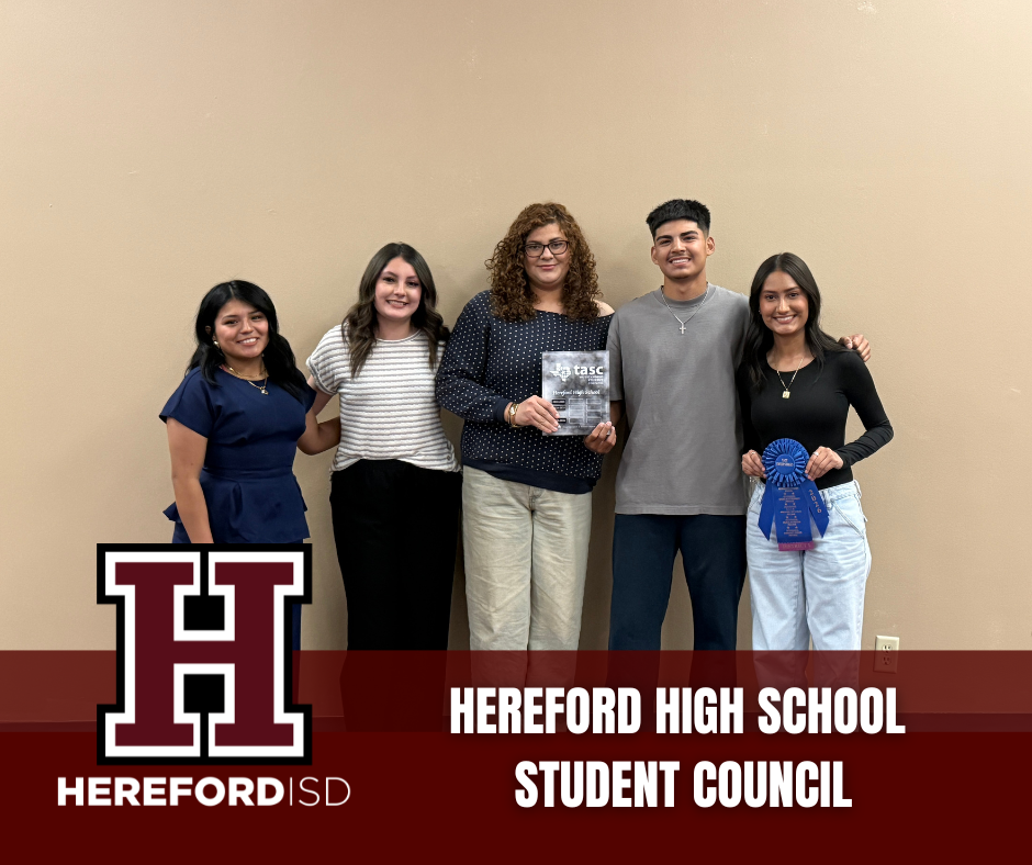 Five people stand in a row for a photo with Hereford High School Student Council. The text is at the bottom.