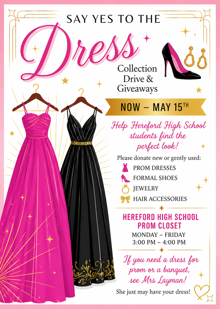 Flyer with "Say Yes to the Dress" in pink. Pink and black dresses hang from hangers. Pink high heel and earrings on the right.