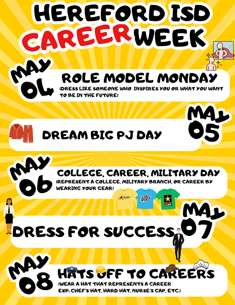 Bright poster with bold text on a yellow background lists dates for Hereford ISD Career Week. Dates include May 1, May 5, May 6, May 7, and May 8.