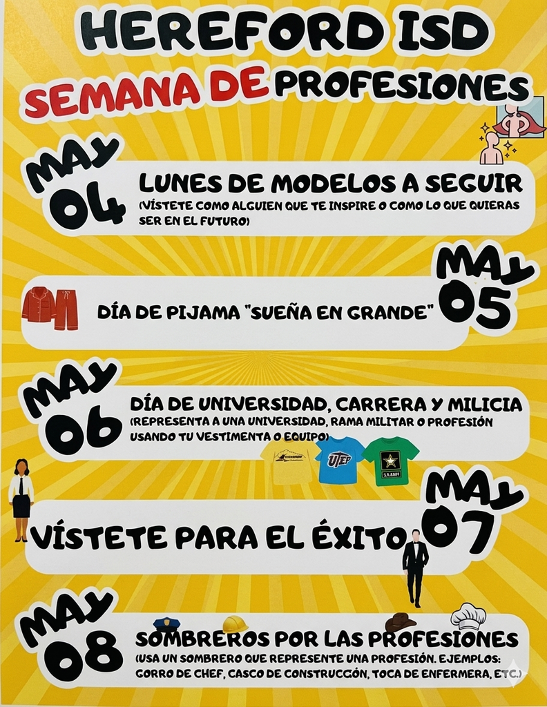 Bright yellow poster with black text. It lists several dates and themed days for a profession week. Each day includes a suggested theme and attire.