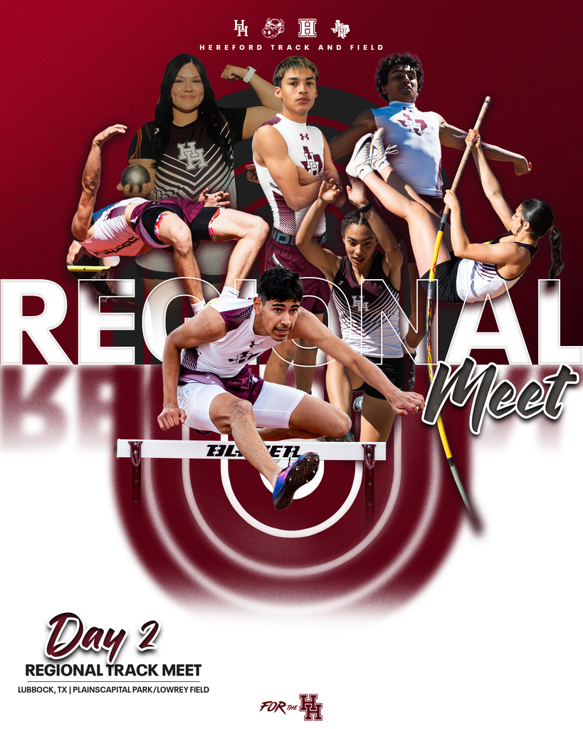 Sports team in maroon and white uniforms, mid-action, on a red background with "Regional Meet Day 2" text.