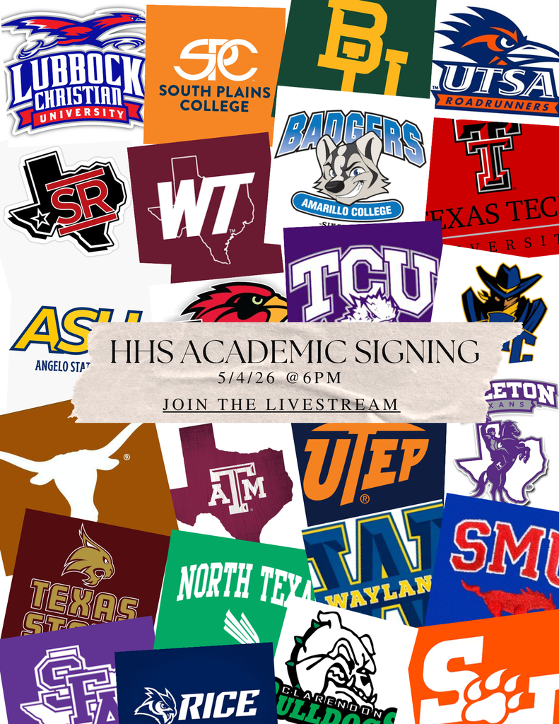 Collage of various university logos such as Baylor, TCU, Texas A&M. Text overlay reads "H/S ACADEMIC SIGNING 5/14/26 @ 6PM JOIN THE LIVESTREAM".