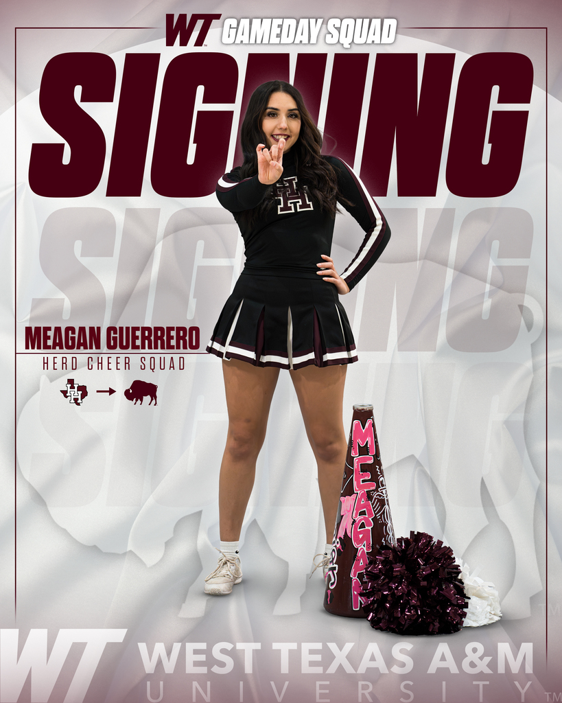 A cheerleader in black uniform stands next to a pom pom, smiling, against a white background.