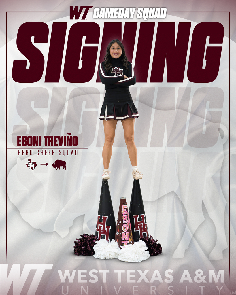 An advertisement features a cheerleader standing atop two pom-poms, wearing a black uniform. Background includes the text "SIGNING" and "WEST TEXAS A&M UNIVERSITY".