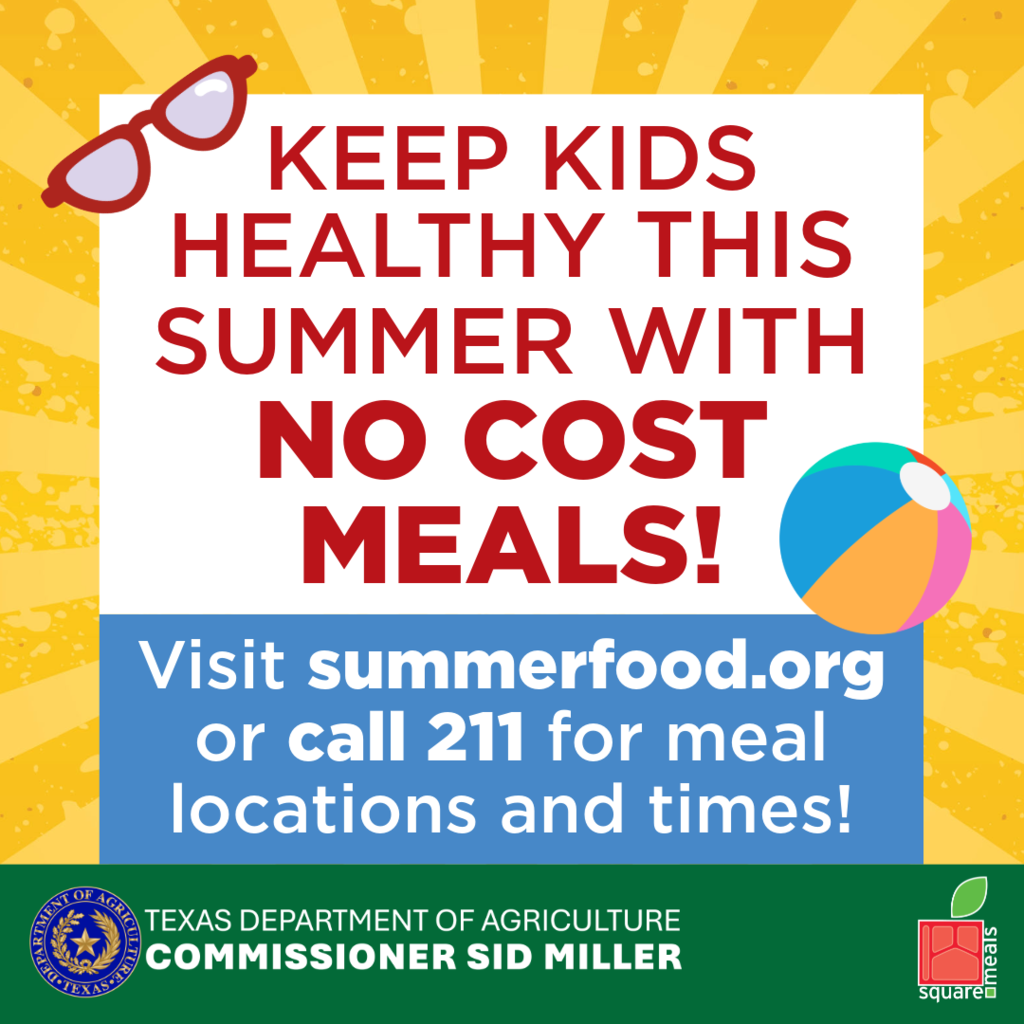 Bright poster with a sunburst background. Bold text reads "KEEP KIDS HEALTHY THIS SUMMER WITH NO COST MEALS!". Ball icon next to text. Website and phone number for meal locations.