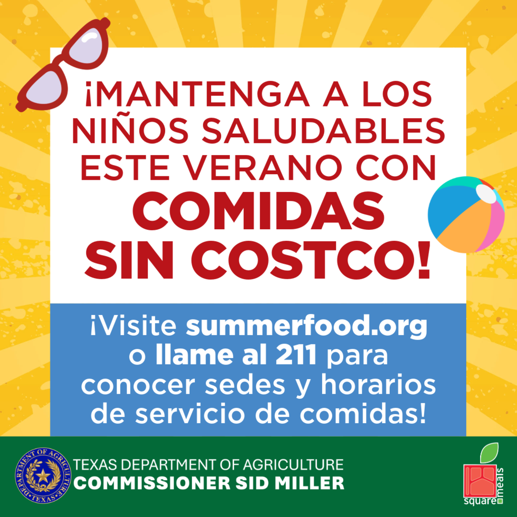 Bright yellow and blue poster. Sunglasses on top. Bold red text: "Keep kids healthy this summer with free meals!" More info: "Visit summerfood.org or call 211 for meal times."