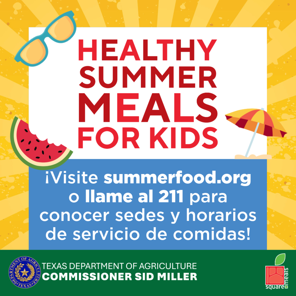 Bright yellow and orange background with text and icons. "Healthy Summer Meals for Kids" written in red. Watermelon slice and an umbrella icon.