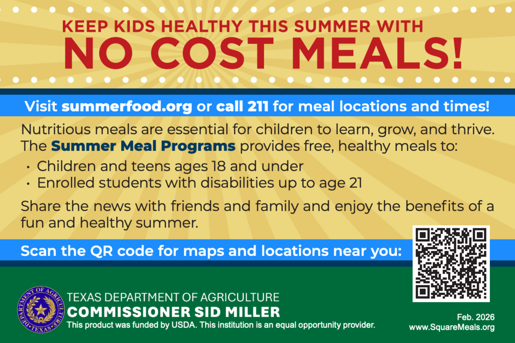 A flyer with a blue, white, and green background highlights free meal programs for children. It encourages families to visit summerfood.org.