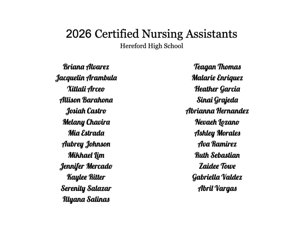 A white background displays the text "2026 Certified Nursing Assistants" at the top. Names of individuals are listed in two columns.