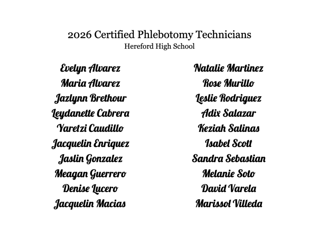 A white background displays a table titled "2026 Certified Phlebotomy Technicians." Names are listed in two columns.