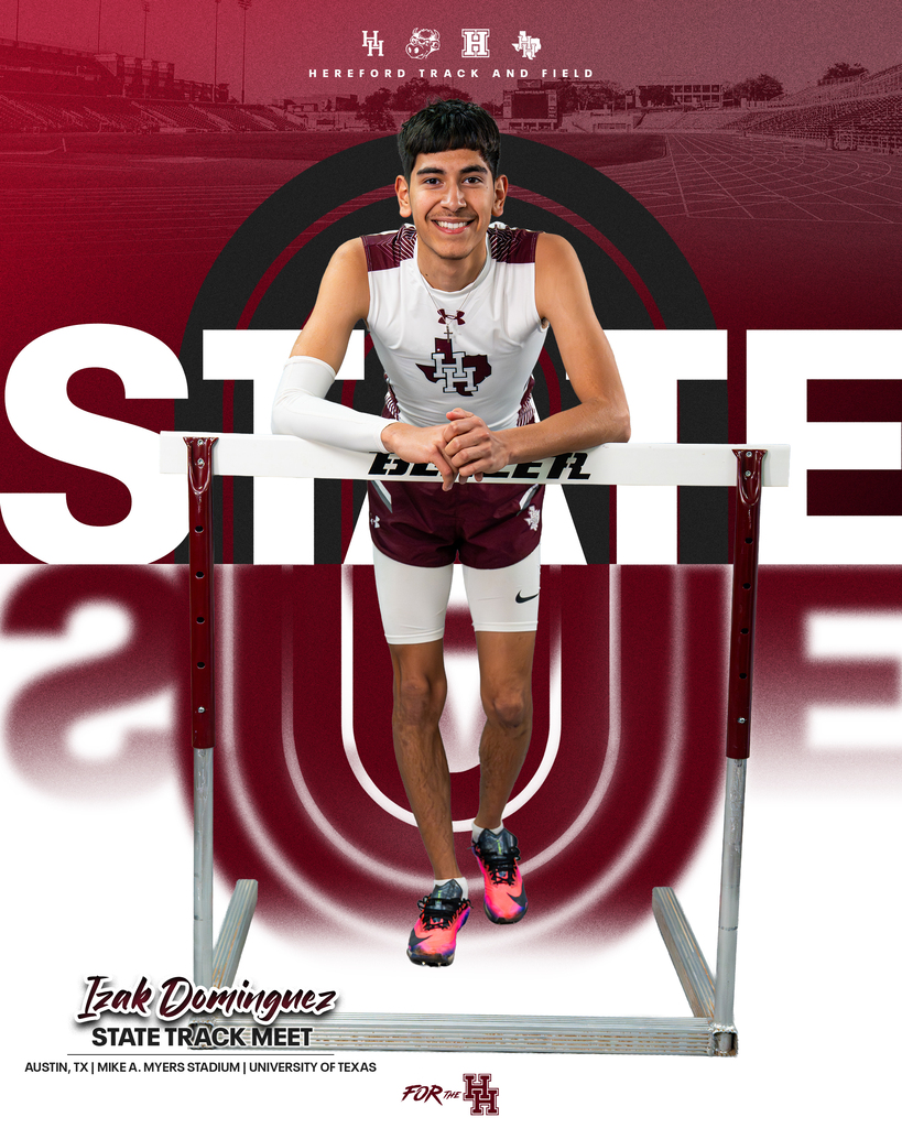 A young person in a maroon and white uniform poses on a hurdle against a red and white background.