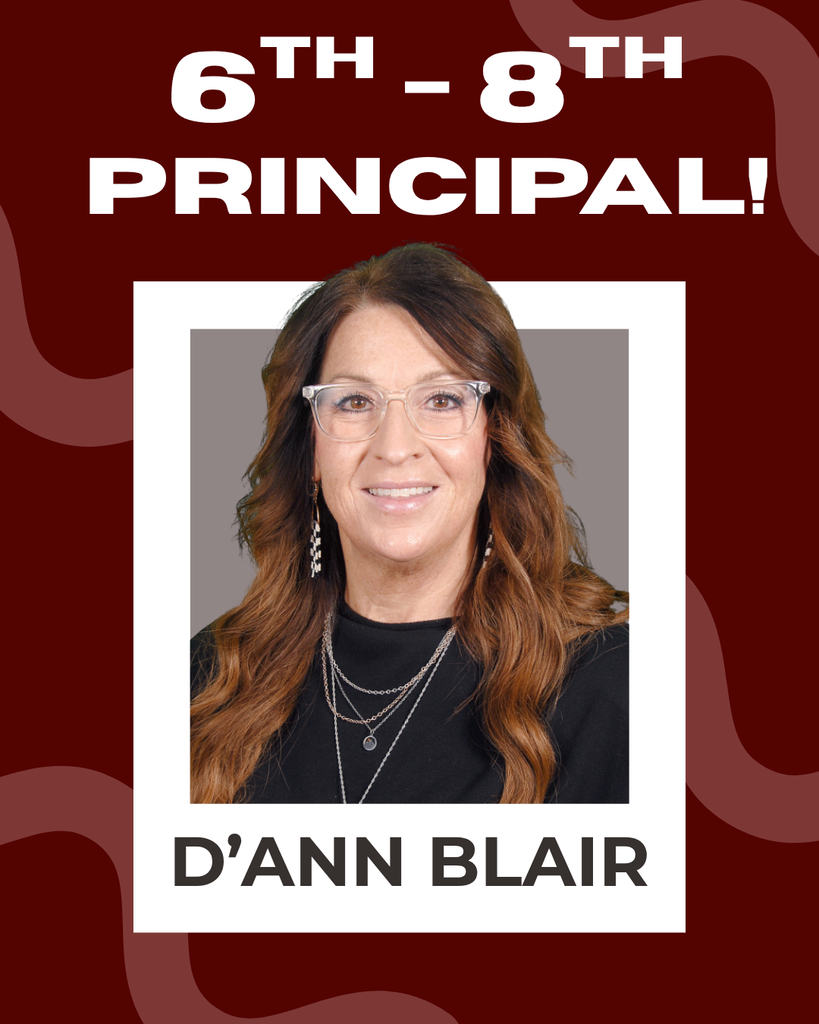 An announcement for a 6th-8th grade principal features a woman with glasses, a necklace, and earrings.