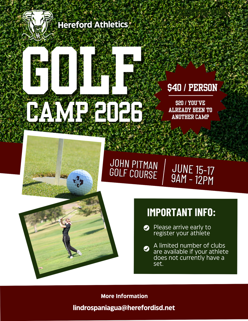 A poster for Hereford Athletics Golf Camp 2026. Includes a golf ball, golfer, and details.