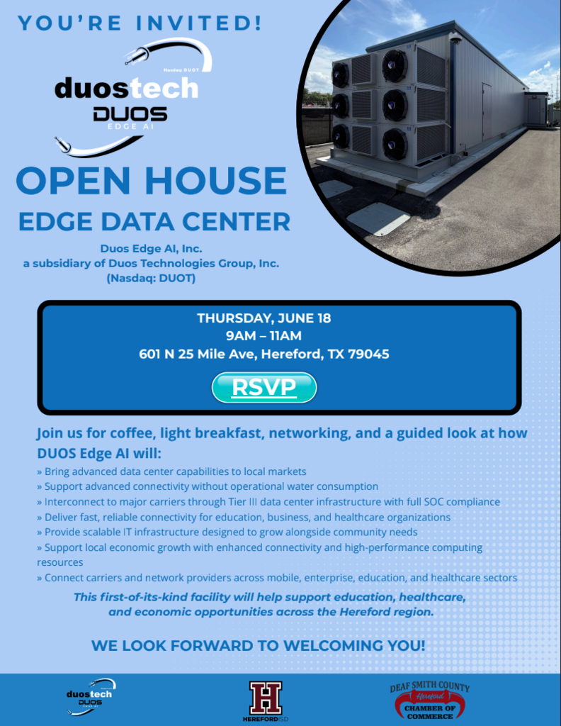 Invitation flyer for Duos Tech Duos Edge Data Center's open house event. Features event details, RSVP button, and description of facility's capabilities.