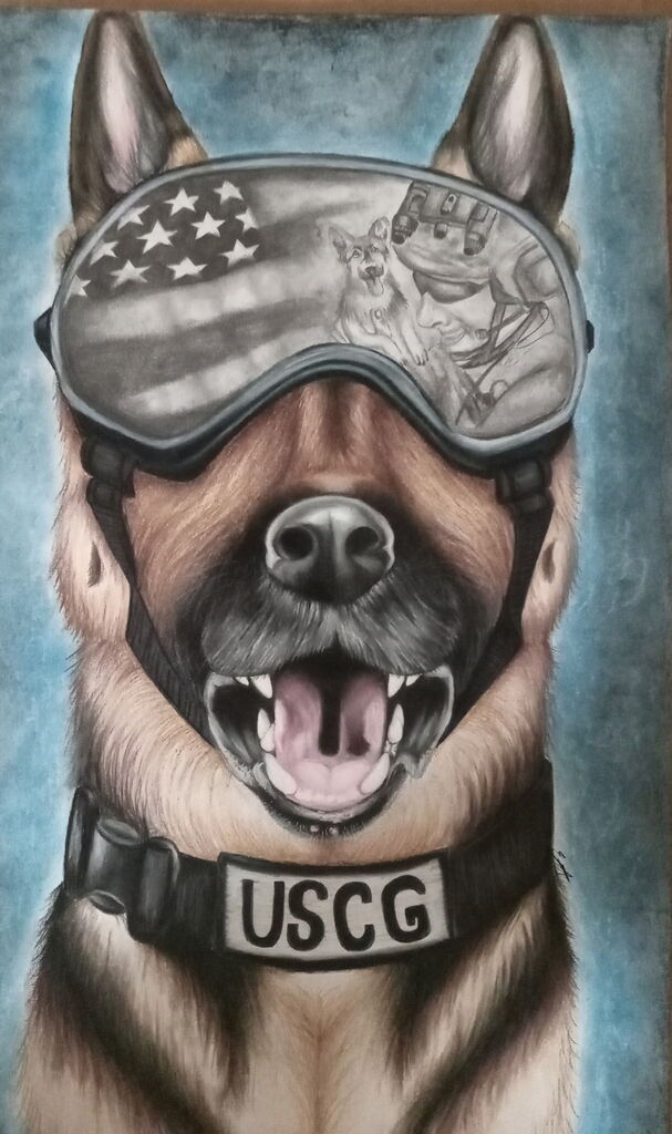 Drawing of a German shepherd with goggles, mouth open, and a badge reading "USCG" on a blue background.