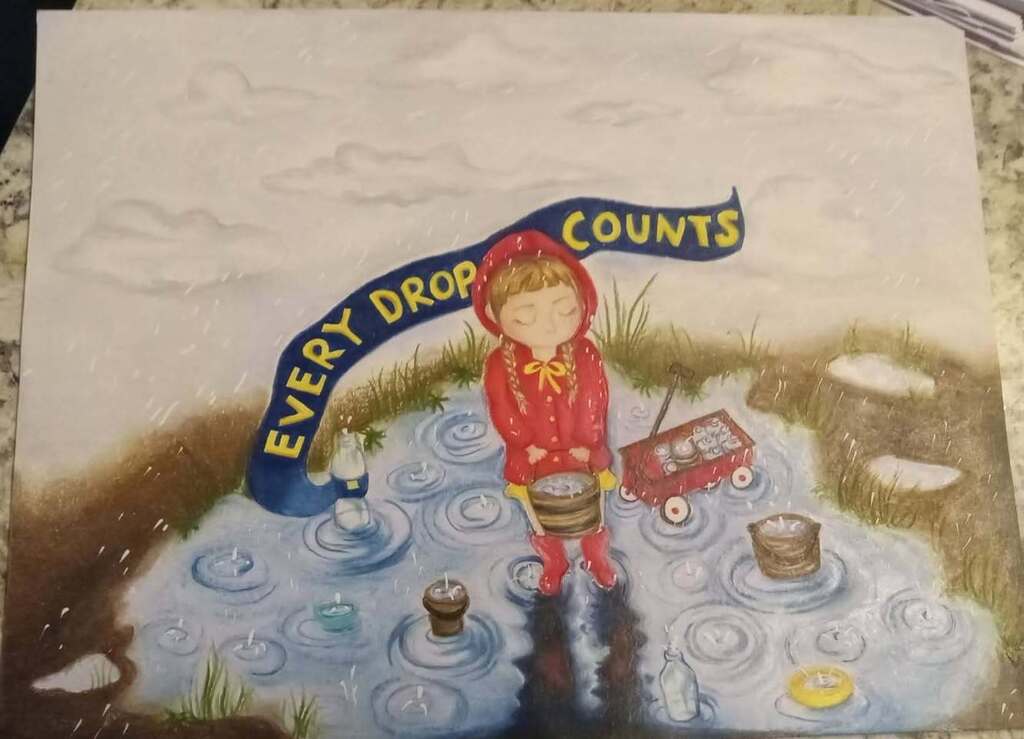 A painting of a child with a red hood collecting water into buckets, with "Every Drop Counts" above.