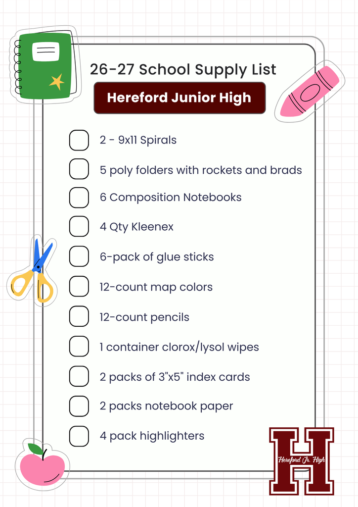 A list of items for a school supply list. It includes items like spirals, folders, notebooks, and more.