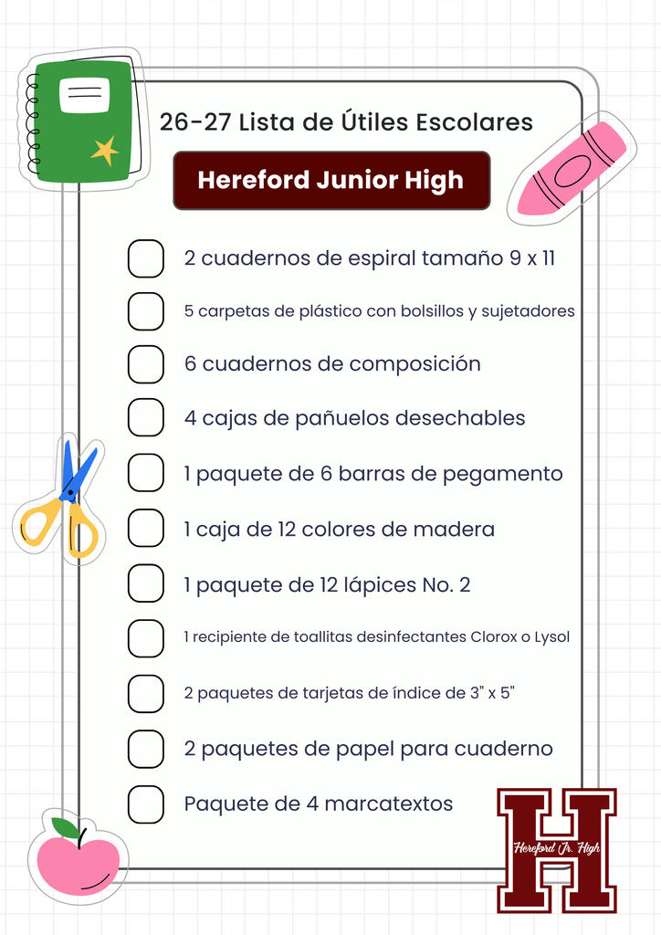 A school supply list for Hereford Junior High in Spanish. Supplies include notebooks, pencils, scissors, and more.