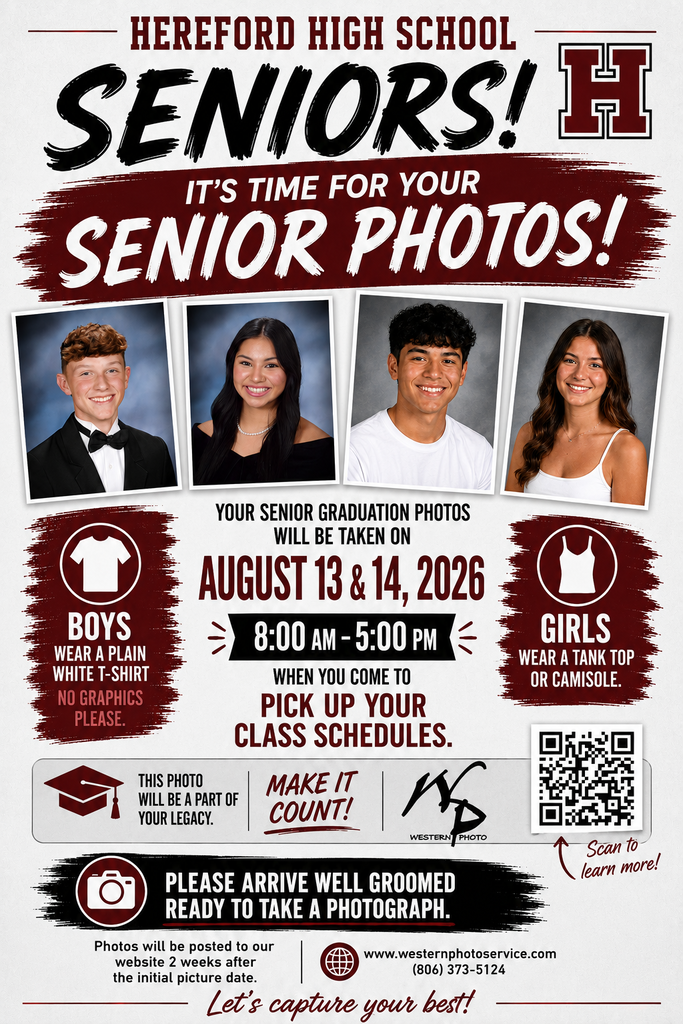 Poster with multiple photos of students. Text reads "Seniors, it's time for your senior photos." Dates: August 13 and 14, 2026.