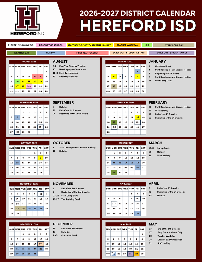 Hereford ISD District Calendar for 2026-2027