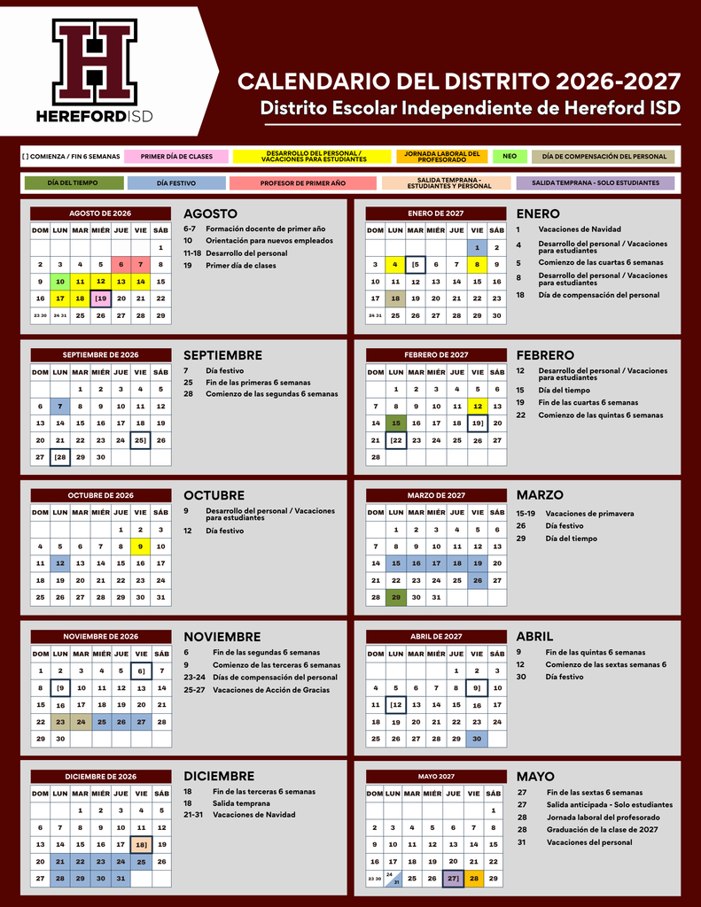 Hereford ISD District Calendar for 2026-2027 in Spanish
