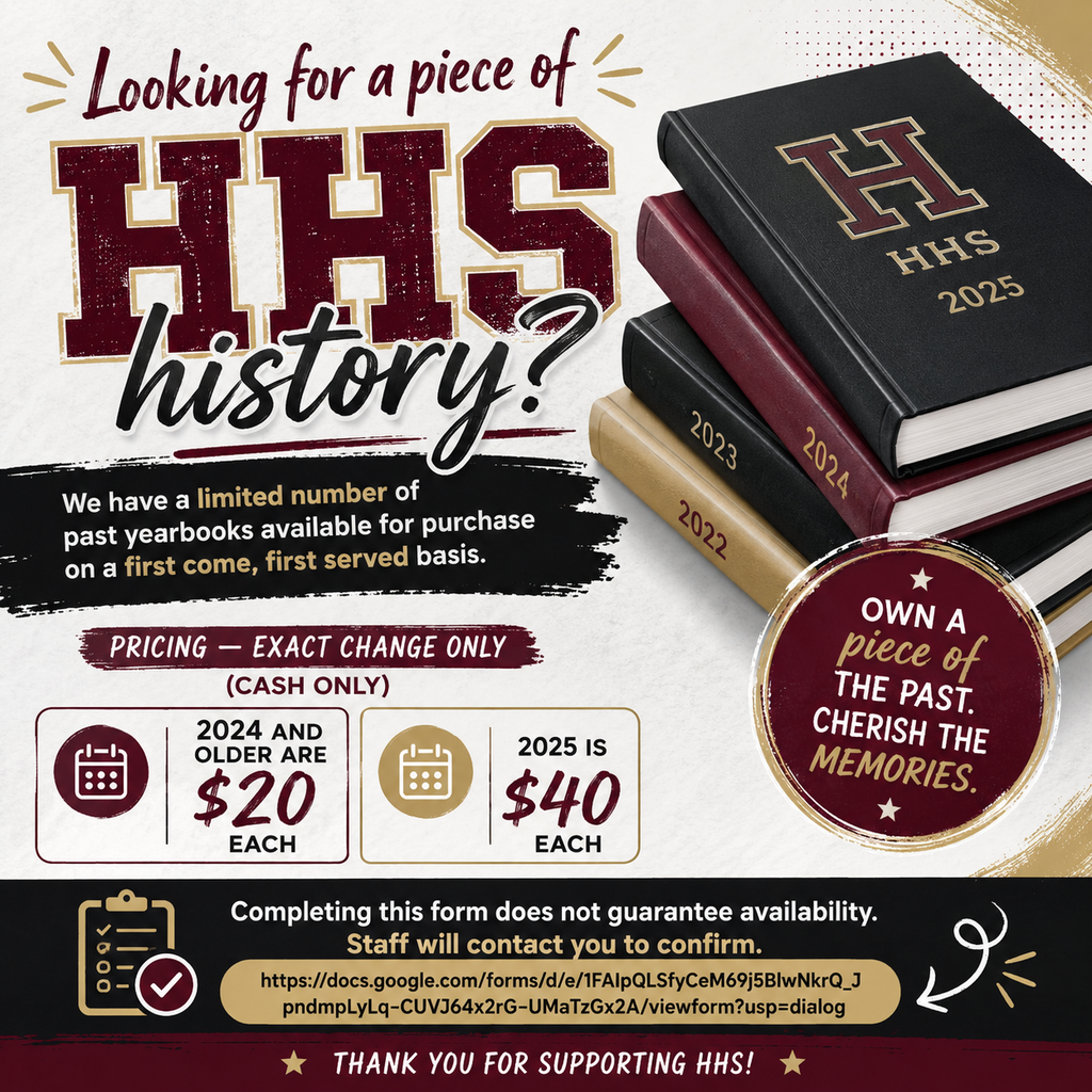 Promotional flyer for high school yearbooks. Stacked books, maroon and gold colors, text about availability.