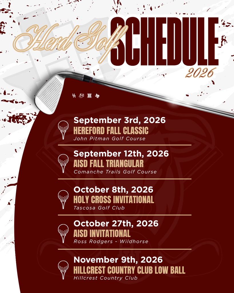Event flyer for the Herd Golf 2026 schedule. Five dates and locations are listed in gold on a maroon background.