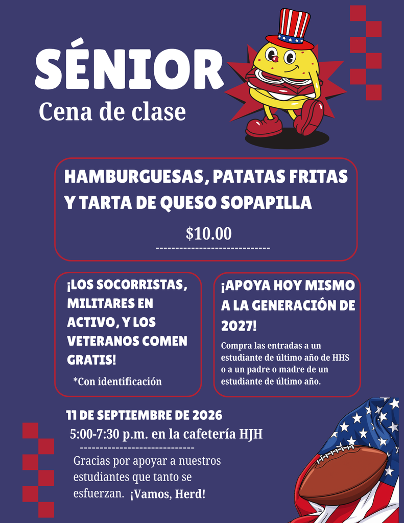 A flyer invites seniors to a class dinner on September 1, 2026. It includes burgers, fries, and cheese tart, costs $10. It mentions a free entry for veterans.