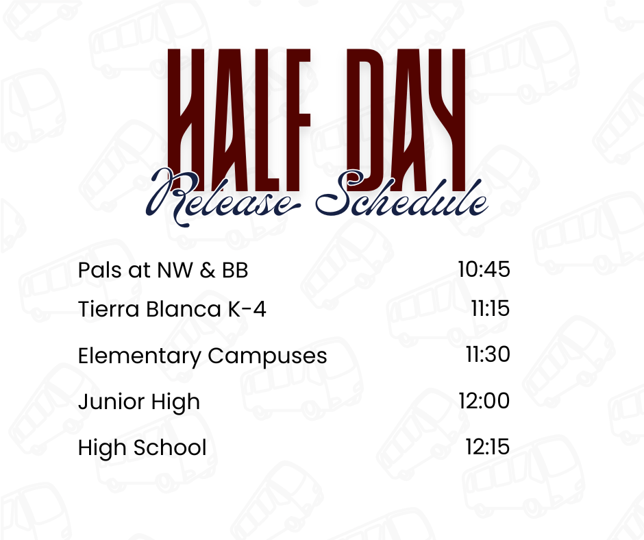A release schedule in red text. It lists various locations and times, such as "Pals at NW & BB" at 10:45.